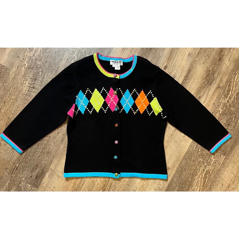 Womens Vintage Jack B Quick Argyle Black Pink Green Blue Cardigan Sweater, Med